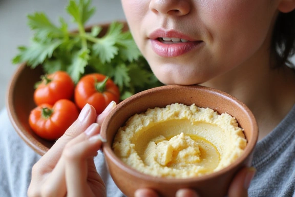 A person enjoying a healthy snack of vegetables and hummus, symbolizing smart snacking choices.