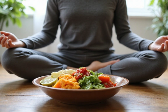 A person meditating peacefully with a bowl of colorful, healthy food in front of them, illustrating mindful eating.