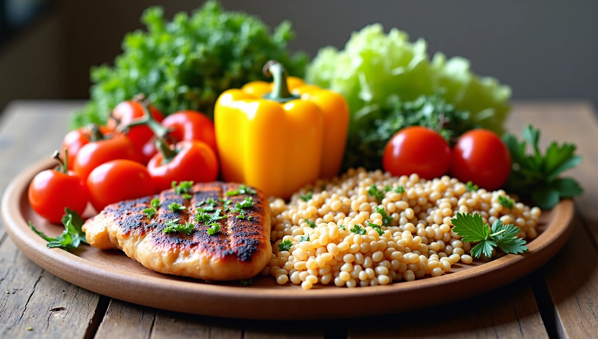 A vibrant, healthy meal spread on a wooden table, with fresh vegetables, fruits, and lean protein, symbolizing nourishing food choices.
