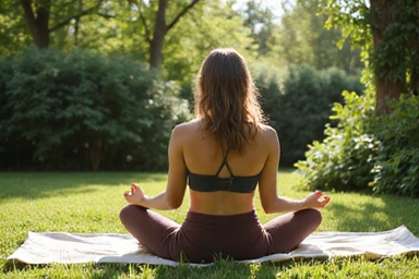 A person meditating peacefully outdoors, surrounded by lush greenery, symbolizing stress reduction and mindfulness.